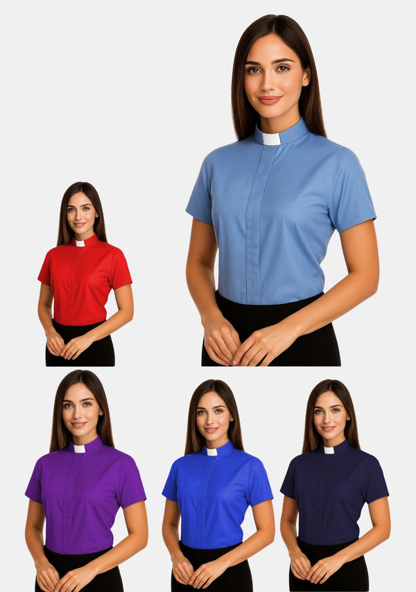 Kurzärmliges Priesterhemd mit Tab-Kragen für Damen