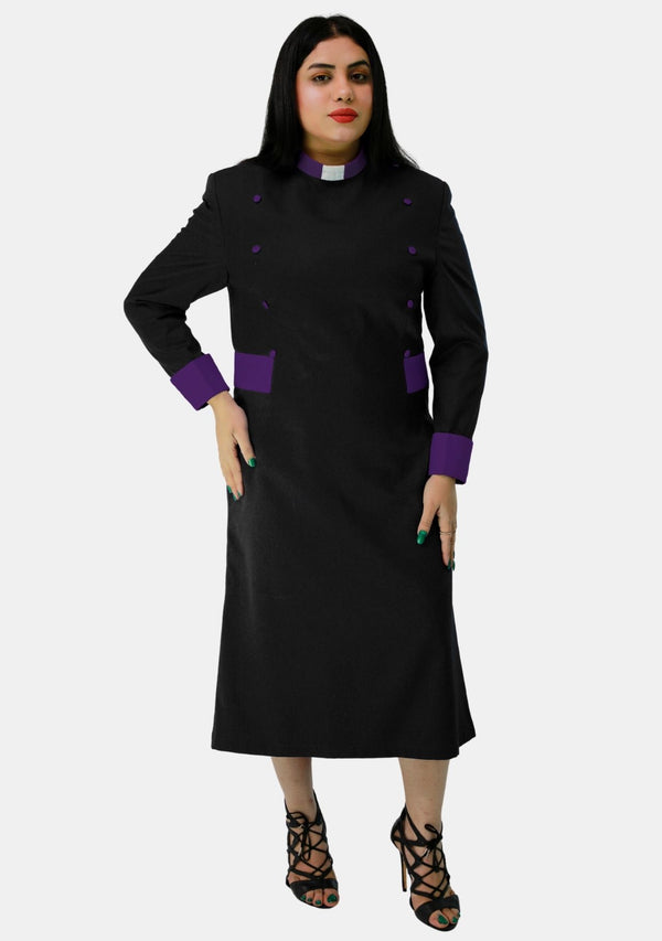 Damen-Klerikerkleid, Schwarz mit lila Designer-Knöpfen