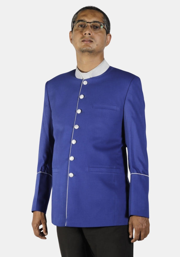 Königsblaue Pastorenjacke mit weißem Besatz