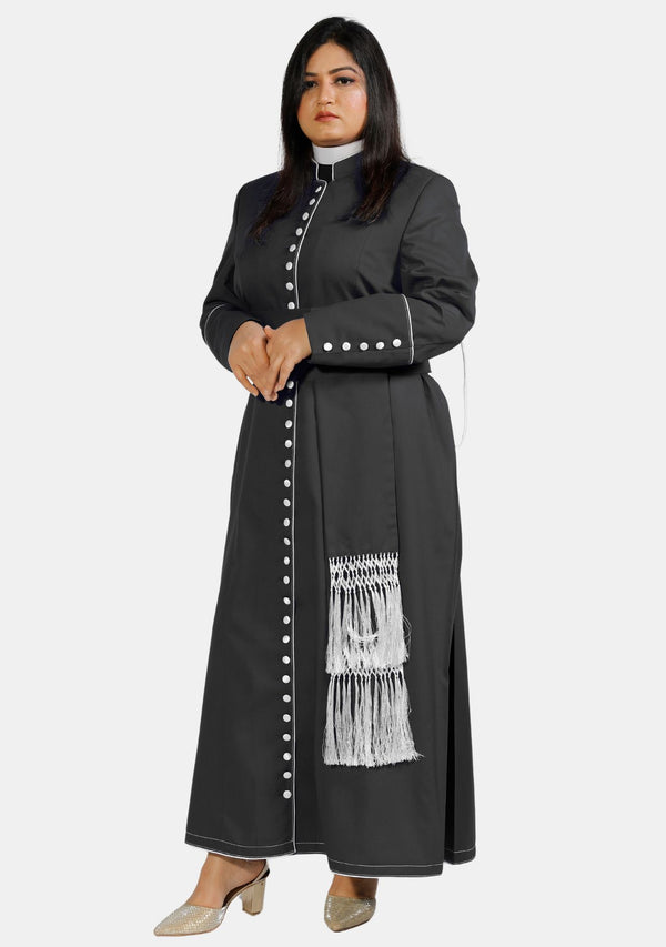Devotion Schwarze Priestersoutane mit weißem Besatz für Damen