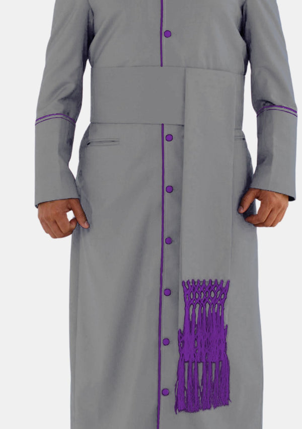 Grauer Bandgürtel mit römischen violetten Fransen