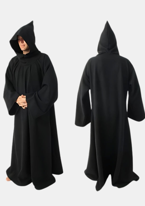 Schwarze Mönchsrobe mit fester Kapuze 