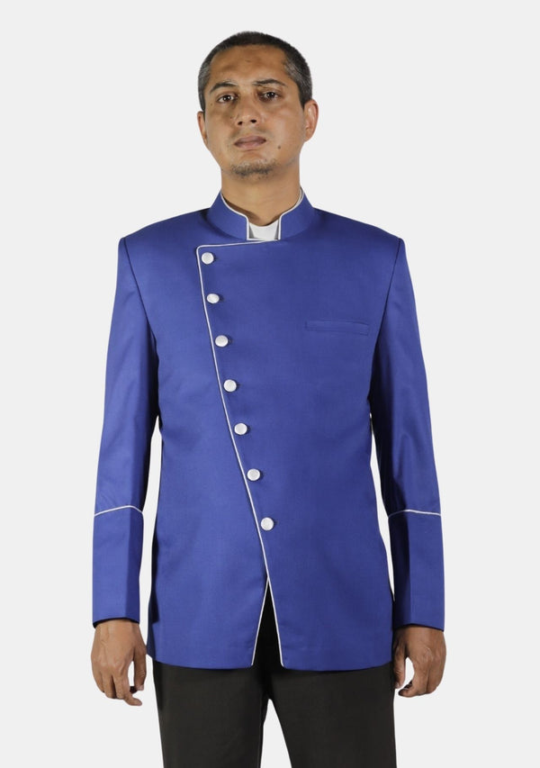 Königsblaue, zweireihige Pastorenjacke mit weißem Besatz