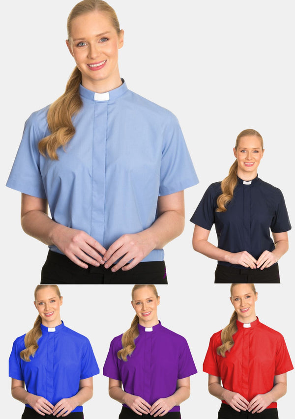 Kurzärmliges Priesterhemd mit Tab-Kragen für Damen
