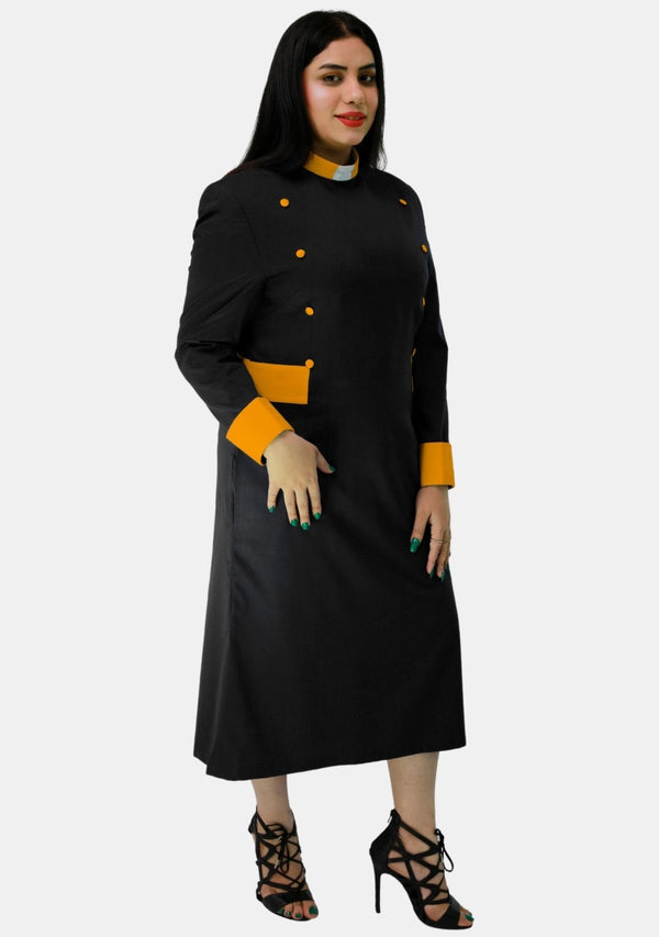 Damen-Klerikerkleid, Schwarz mit goldenen Designer-Knöpfen