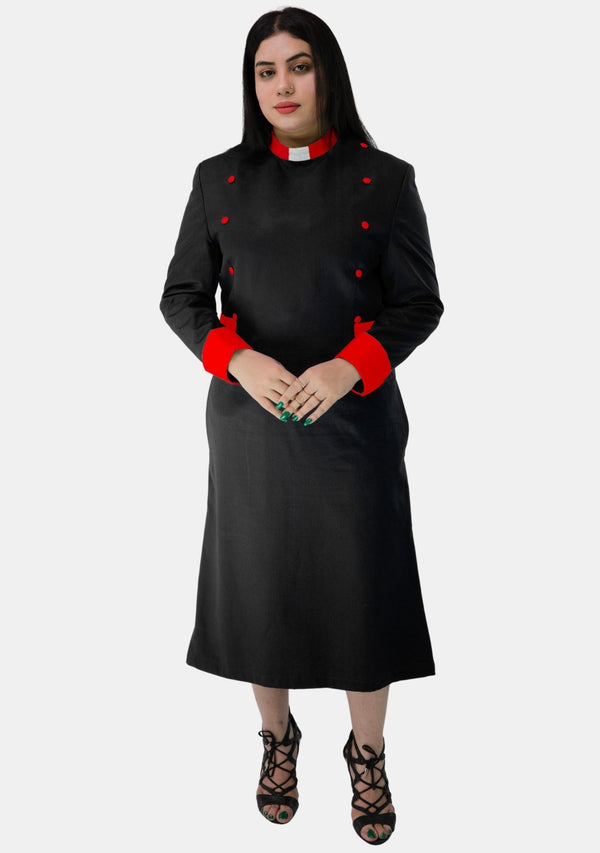 Damen-Klerikerkleid, Schwarz mit roten Designer-Knöpfen