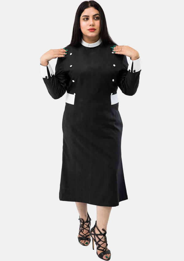 Damen-Klerikerkleid, Schwarz mit weißen Designer-Knöpfen