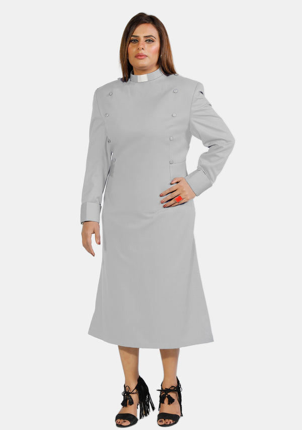 Damen-Klerikerkleid, Grau, mit Designer-Knöpfen