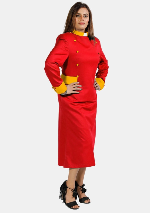Damen Priesterkleid Rot mit goldenen Designerknöpfen