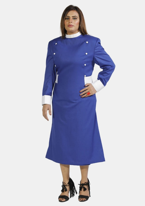 Damen-Klerikerkleid, Königsblau mit weißen Designer-Knöpfen