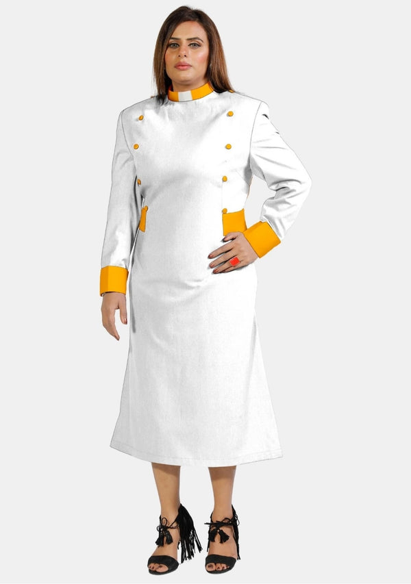 Damen-Klerikerkleid, weiß, mit goldenen Designer-Knöpfen